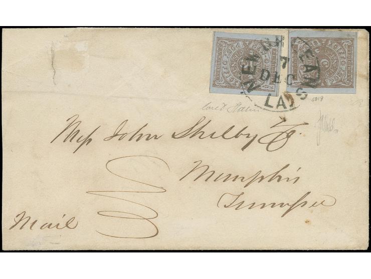 5 c. brown on blue, two singles with good margins all around, tied by cds. "NEW ORLEANS 7 DEC" to cover to Memphis, small par