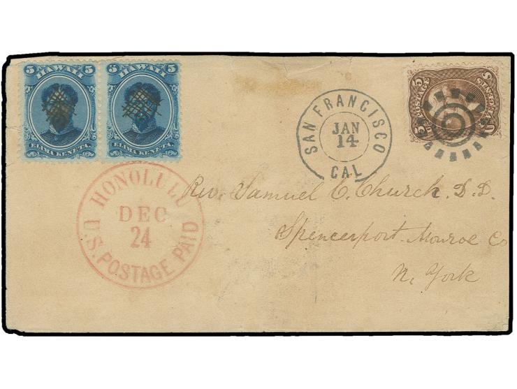 1866, 5 c. blue in horizontal pair with identical ink gutters used on small envelope with reverse side "HILO. P.O. HAWAIIAN _