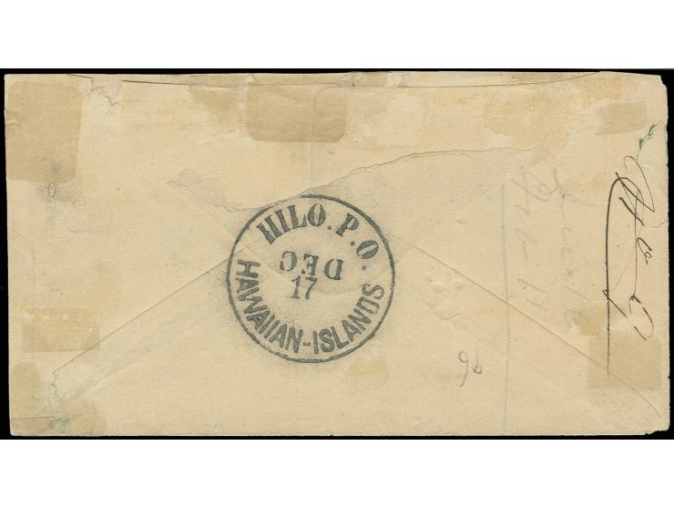 1866, 5 c. blue in horizontal pair with identical ink gutters used on small envelope with reverse side "HILO. P.O. HAWAIIAN _