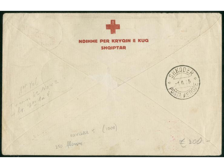ALBANIEN: Erstflug Tirana-Scutari 1.6. des albanischen Roten Kreuzes, Sonderumschlag mit Rot-Kreuz-Stempel, Pracht