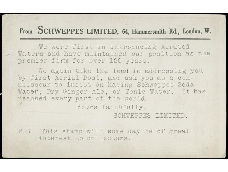 Braune Sonderkarte mit Reklame ""SCHWEPPES" mit Sonderstempel "LONDON SP 9 1911", Kabinett