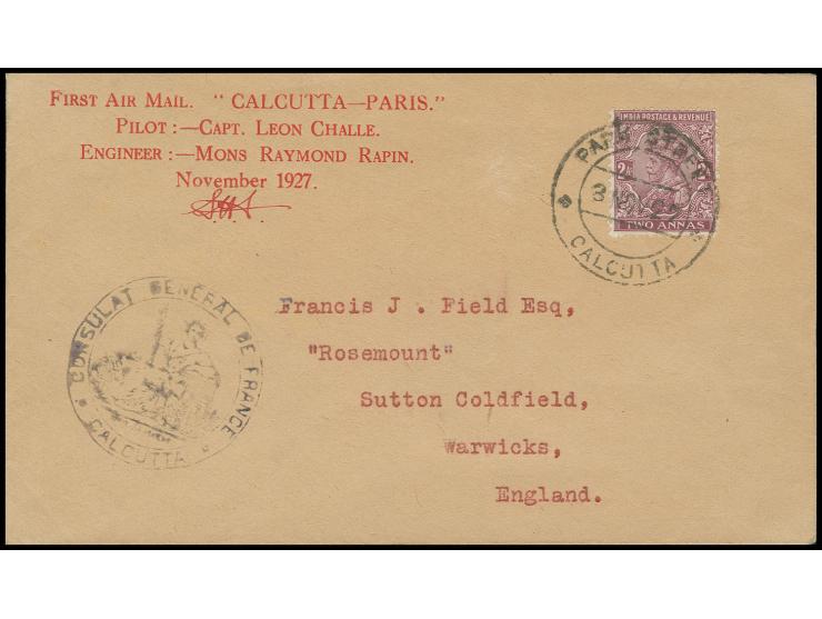 1927, Rückflug Calcutta-Paris durch Leon Challe, Sonderumschlag mit Aufgabestempel vom 3.11., Kabinett (Muller-Nr. 52)