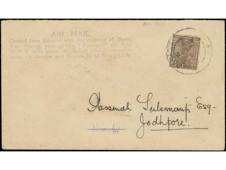 1928, Weltrundflug durch Baron von Koenig mit Flugzeug "Kamerad" Karte von Karachi nach Jodhpore mit Stempel "KARACHI 28.12" 