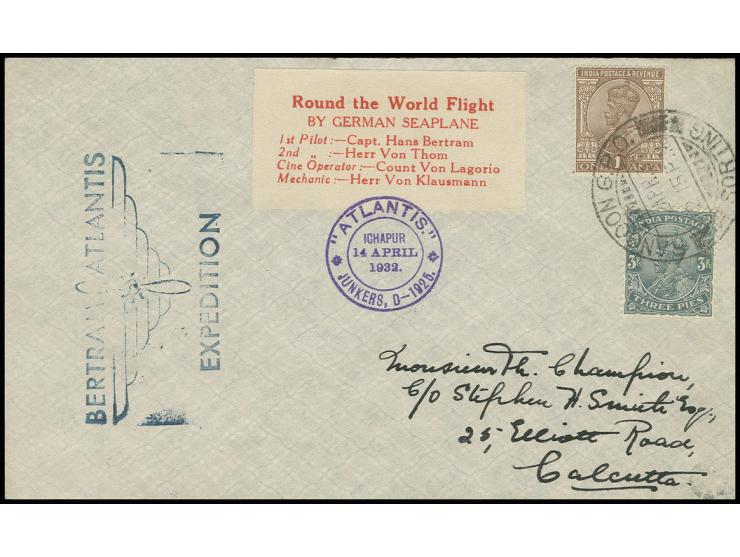 1932, Weltrundflug der "ATLANTIS" durch Hans Bertram, Brief der Etappe Ichapur-Rangoon mit violettem Sonderstempel sowie Cach