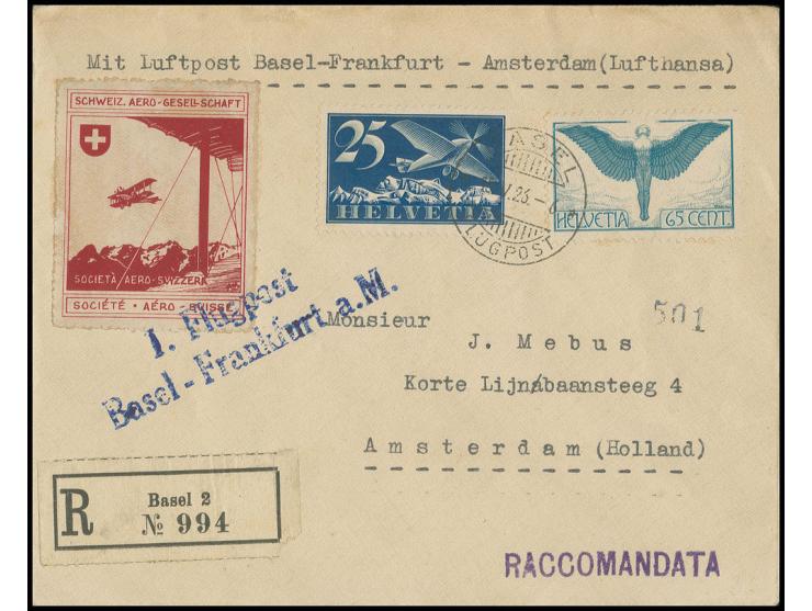 SCHWEIZ: 1926, Erstflug Basel-Frankfurt, R-Brief mit blauem Bestätigungsstempel und beigeklebter braunroter Vignette der Schw