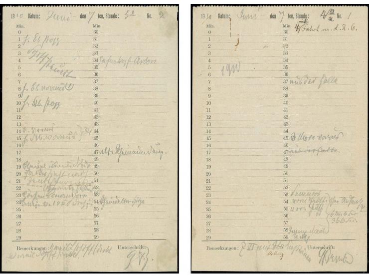 LZ 6 (Z III): 1910, 2 Bordbuchseiten der nur aus 5 Fahrten bestehenden 2. Fahrtperiode, eigenhändig ausgefüllt und signiert v