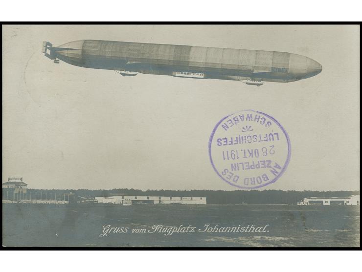 SCHWABEN (LZ 10): 1911, Fotokarte "Flugplatz Johannisthal" mit bildseitigem violettem Bordstempel vom 28.10. in Type I (Johan