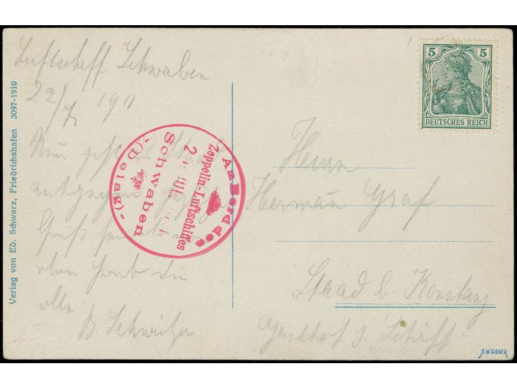 Farbige Fotokarte "Zeppelin'sche Luftschiffwerft" mit rotem Bordstempel Type II vom 22.7. mit unentwertet gebliebener Frankat