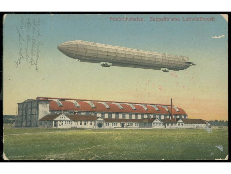 Farbige Fotokarte "Zeppelin'sche Luftschiffwerft" mit rotem Bordstempel Type II vom 22.7. mit unentwertet gebliebener Frankat