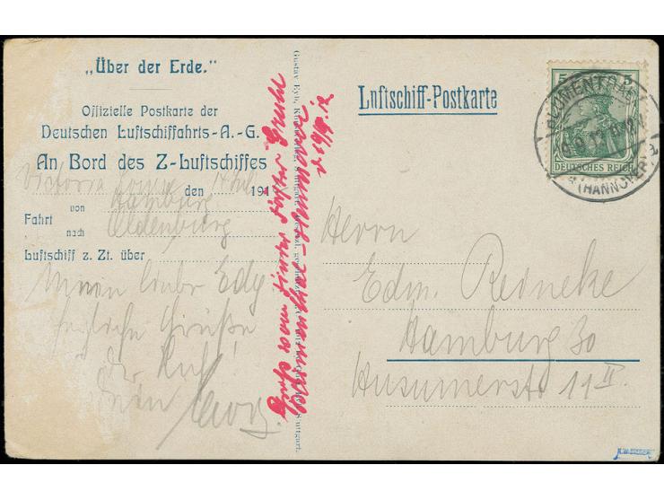 VIKTORIA LUISE (LZ 11): 1913, Delag-Karte "Über der Erde" (kleine Randmängel) von der Landungsfahrt Hamburg-Oldenburg-Hamburg