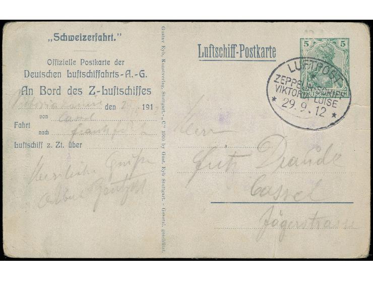 Delag-Ganzsachenkarte "Schweizerfahrt" (kleine Mängel) mit Bordpoststempel vom 29.9.12 (Rückfahrt Kassel-Frankfurt)
