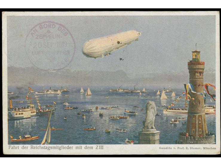 1919, farbige Delag-Karte "Fahrt der Reichstagsmitglieder" mit Bordstempel vom 20.9. und Aufgabestempel "BERLIN W. 8 / 20.9.1