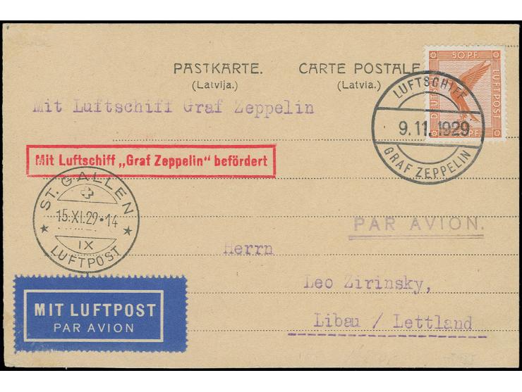 50. Fahrt im Bodensee-Gebiet, Karte mit Bordpoststempel vom 9.11. und vorderseitigem Ankunftsstempel "ST. GALLEN 15.XI.29" mi