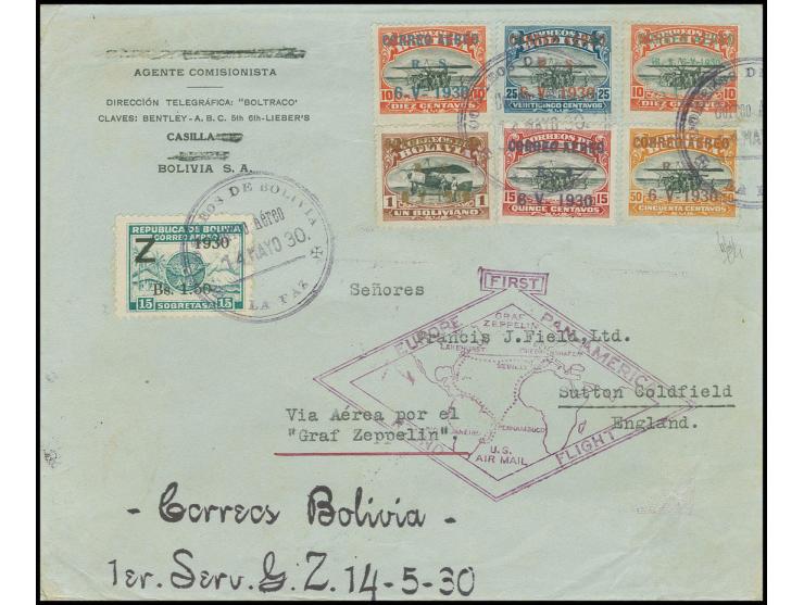 BOLIVIEN-POST: Brief mit Zeppelin 1,50 Bol. sowie den Sonderflugmarken 5 Cts. auf 10 C.-1 Bol., dabei bis auf 50 C. und 1 B. 