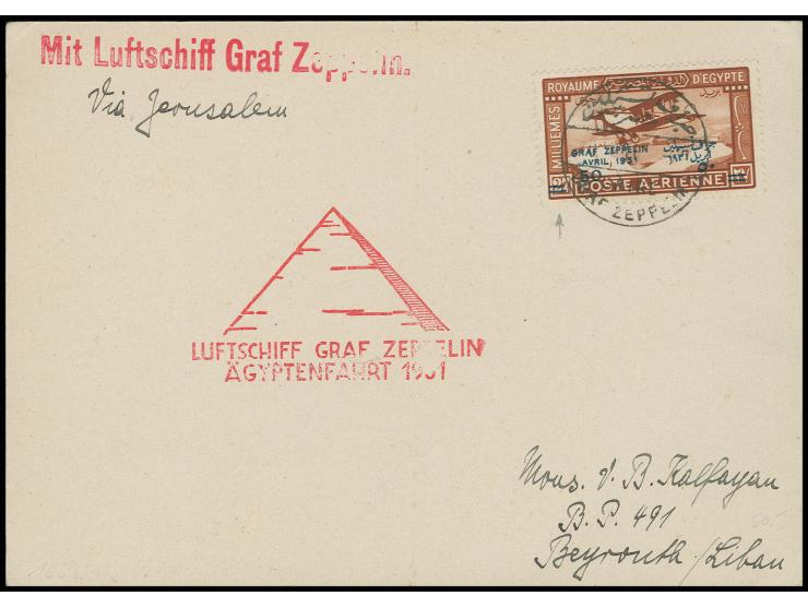 1931, Ägyptenfahrt, ägyptische Post, Karte der Palästina-Rundfahrt mit Zeppelin 50 Mm. mit Plattenfehler "1951" (dazu linker 
