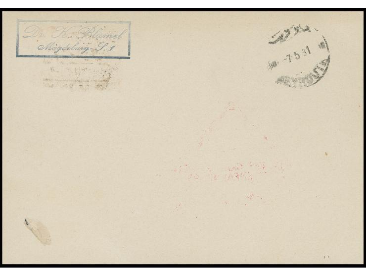 1931, Ägyptenfahrt, ägyptische Post, Karte der Palästina-Rundfahrt mit Zeppelin 50 Mm. mit Plattenfehler "1951" (dazu linker 