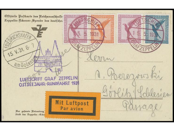 Ostseejahr-Rundfahrt, Zeppelin-Portraitkarte der Rückfahrt mit Bordpoststempel vom 15.5. an Berezowski, alle Stempel vorderse