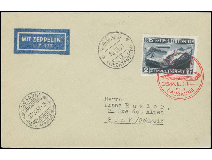 Vaduz-Lausanne-Fahrt, Umschlag mit Zeppelin 2 Fr. und eingedrucktem Zeppelin-Etikett nach Genf, alle Stempel vorderseitig, Ka