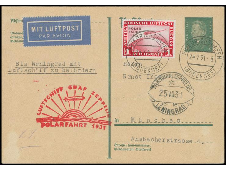 Polarfahrt, Auflieferung Friedrichshafen: Karte mit Polarfahrt 1 M. bis Leningrad, alle Stempel vorderseitig, Pracht