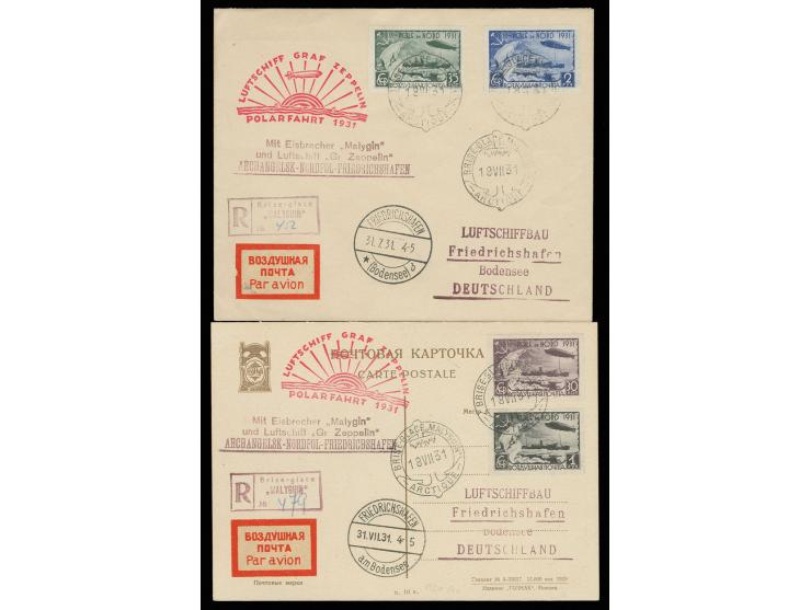 UDSSR-Post: R-Karte und -Brief mit den vier geschnittenen Zeppelin-Marken, Aufgabe Malyguin nach Deutschland, Pracht