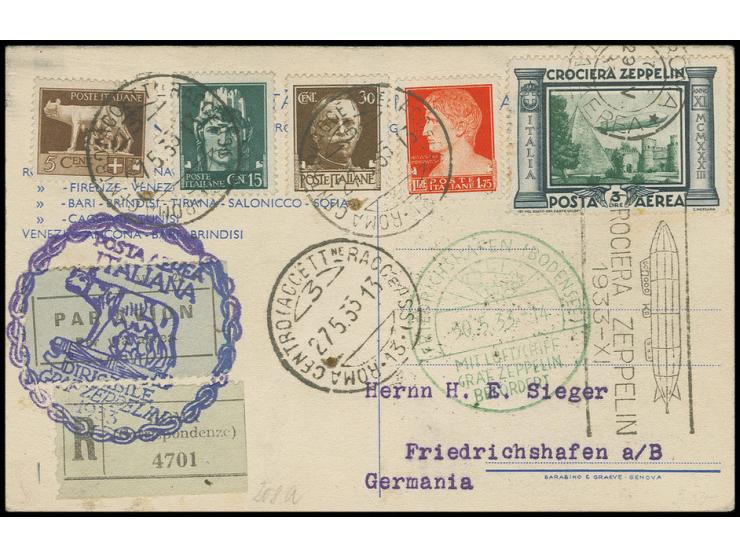 1933, Italienfahrt, italienische Post mit Maschinenstempel: R-Karte mit Zeppelin 3 L. und blauviolettem Sonderstempel nach Fr
