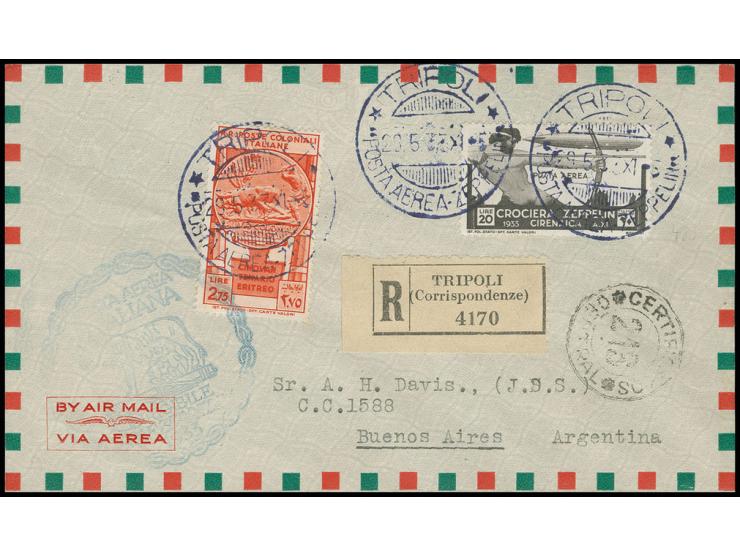 Cyrenaika-Post mit Sonderstempel "TRIPOLI": R-Brief mit Zeppelin 20 L. und blauem Bestätigungsstempel, anschließend befördert