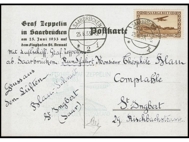 Saargebietsfahrt, Saargebiets-Post, Sonderkarte der Rundfahrt mit Einzelfrankatur Flugpost 5 Fr., Kabinett