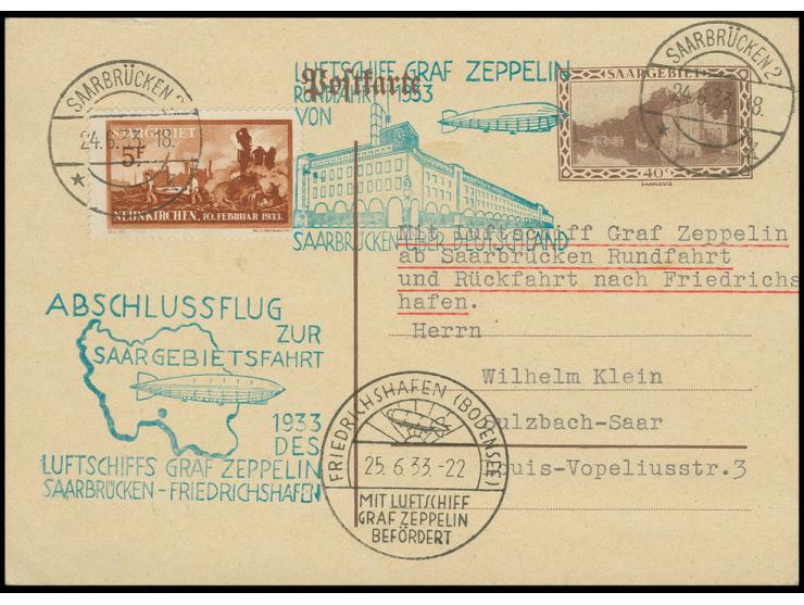 Karte mit beiden Sonderstempeln mit u.a. Neunkirchen 5 Fr., alle Stempel vorderseitig, Pracht