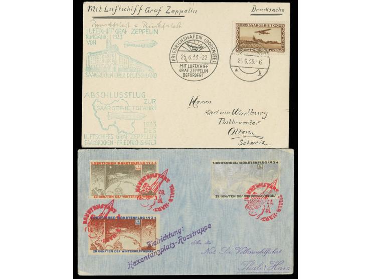 dito, Drucksachenkarte mit Flugpost 5 Fr. und beiden Bestätigungsstempeln in die Schweiz, Kabinett, dazu Raketenpostbrief von