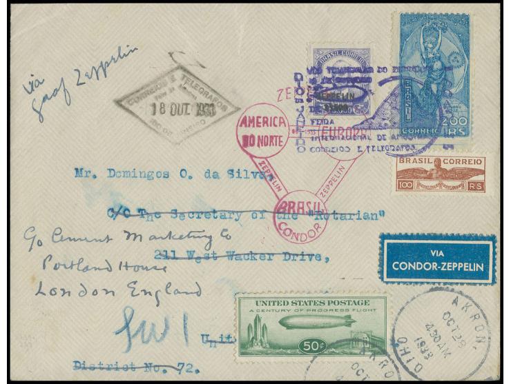 Chicagofahrt, brasilianische Post, Mehr-Etappen-Post mit Brasilien-Frankatur und blauviolettem Sonderbestätigungsstempel, adr