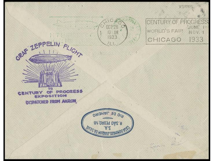 Chicagofahrt, brasilianische Post, Mehr-Etappen-Post mit Brasilien-Frankatur und blauviolettem Sonderbestätigungsstempel, adr