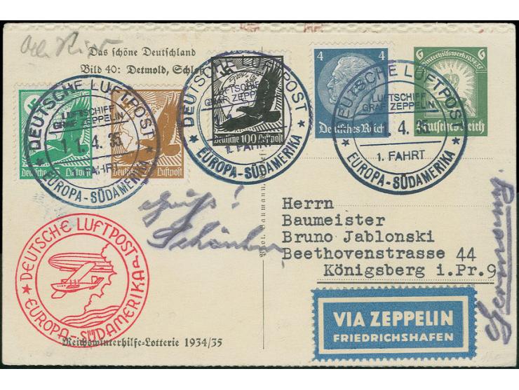 1935, 1. Südamerikafahrt, Besatzungspost-Karte der Rückfahrt in einmaliger Verwendung des Lotterielos-Ganzsachenkartenteils M