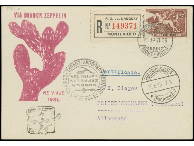 6. Südamerikafahrt, Uruguay-Post, R-Karte mit Agenturstempel "Kaktus", Kabinett