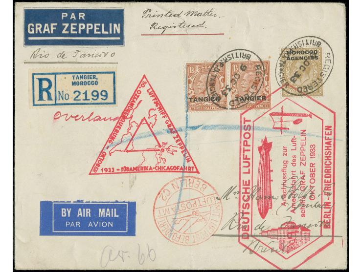 BRITISCHE POST IN MAROKKO-TANGER: 1933, Chicagofahrt, R-Brief Anschlußflug Berlin bis Rio, Pracht