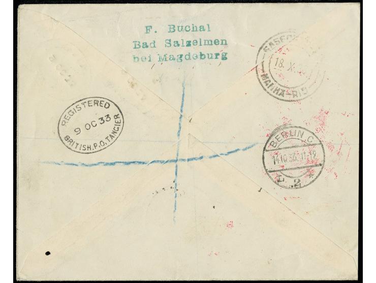 BRITISCHE POST IN MAROKKO-TANGER: 1933, Chicagofahrt, R-Brief Anschlußflug Berlin bis Rio, Pracht