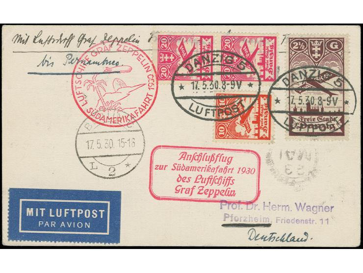 DANZIG: 1930, Südamerikafahrt, Karte Anschlußflug Berlin bis Recife (Ankunftsstempel vom 23.3.), Sieger nicht unbekannt, laut