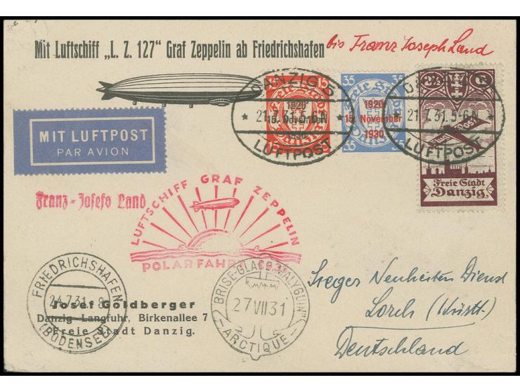1931, Polarfahrt, Sonderkarte mit sehr guter Frankatur und Leitstempel "Franz-Josefs Land" bis Malyguin, links oben kurzer Ei