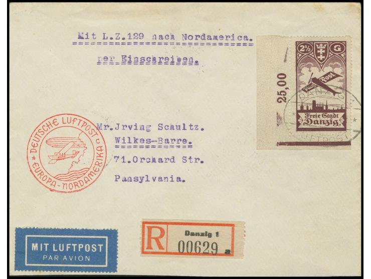 1936, 1. Nordamerikafahrt, R-Brief, frankiert mit Flugpost 2½ Gr. mit Plattenfehler Mi.-Nr. 206II, zusätzlich überbreite Mark