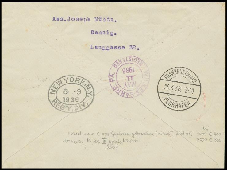 1936, 1. Nordamerikafahrt, R-Brief, frankiert mit Flugpost 2½ Gr. mit Plattenfehler Mi.-Nr. 206II, zusätzlich überbreite Mark