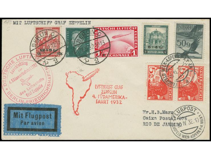 1932, 4. Südamerikafahrt, seltener Brief mit Aufgabestempel "WIEN-ASPERN" mit deutscher Zusatzfrankatur mit Aufgabestempel "B