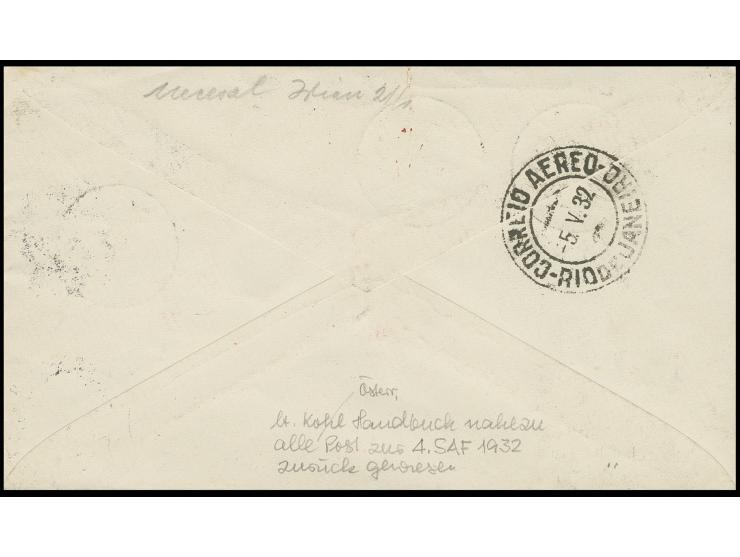 1932, 4. Südamerikafahrt, seltener Brief mit Aufgabestempel "WIEN-ASPERN" mit deutscher Zusatzfrankatur mit Aufgabestempel "B