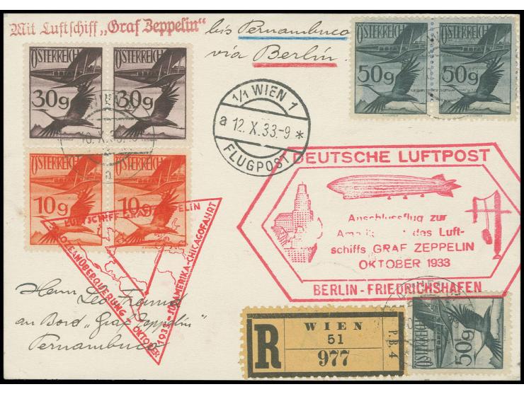 1933, Chicagofahrt, R-Karte Anschlußflug Berlin bis Recife, vorder- und rückseitig frankiert mit 23 Flugmarken, äußerst dekor