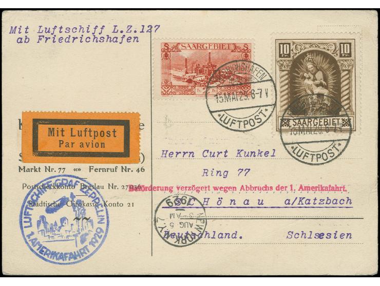 SAAR: 1929, 1. Amerikafahrt, Karte (leichte Bugspur) mit Verzögerungsstempel und u.a. Madonna 10 Fr., adressiert nach Deutsch