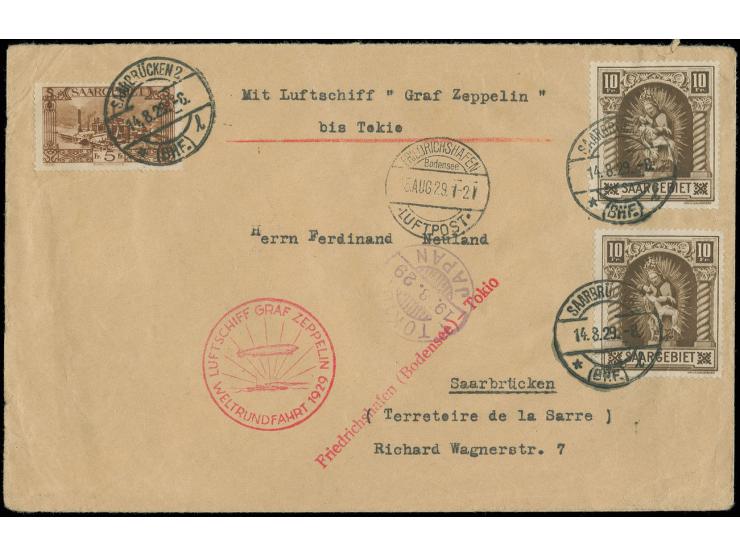 1929, Weltrundfahrt, Brief (ganz schwache Knitter) mit u.a. 2 Werten Madonna 10 Fr., adressiert nach Saarbrücken, alle Stempe