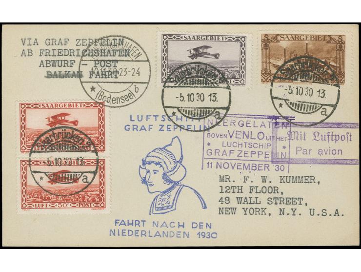Niederlandefahrt, Karte mit violettem Sonderankunftsstempel, adressiert nach New York, alle Stempel vorderseitig, Kabinett