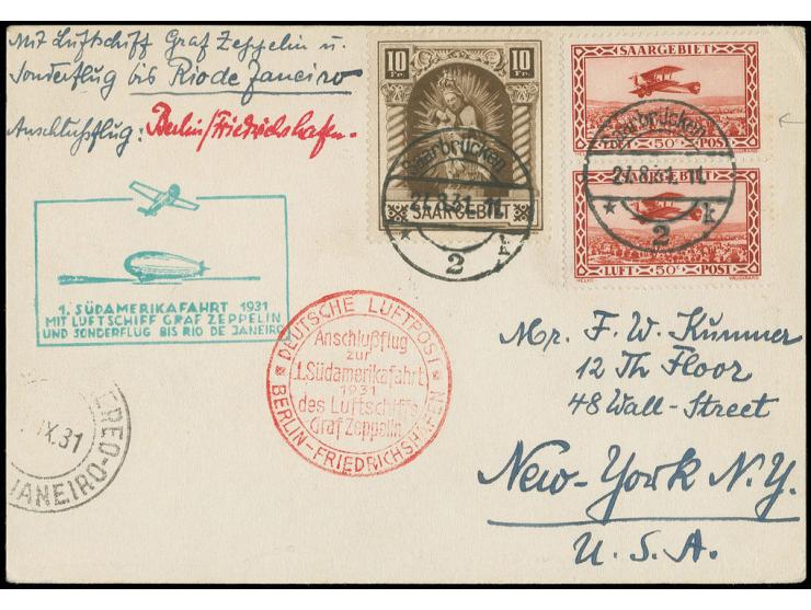 1. Südamerikafahrt, Karte Anschlußflug Berlin mit u.a. Mi.-Nr. 103 und 126I/III, Pracht