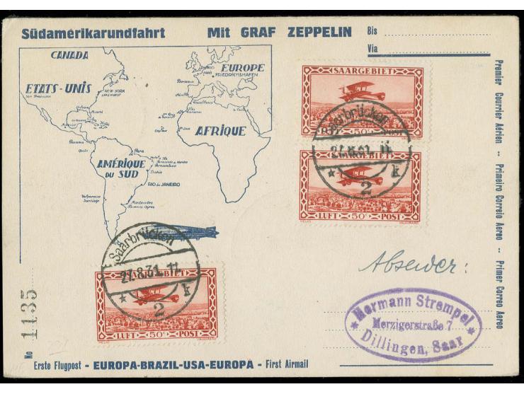 1. Südamerikafahrt, Karte Anschlußflug Berlin mit u.a. Mi.-Nr. 103 und 126I/III, Pracht