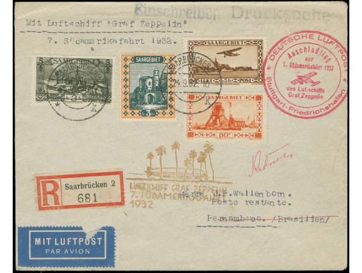 7. Südamerikafahrt, eingeschriebene Drucksache Anschlußflug Stuttgart mit u.a. Mi.-Nr. 159 nach Pernambuco, Pracht