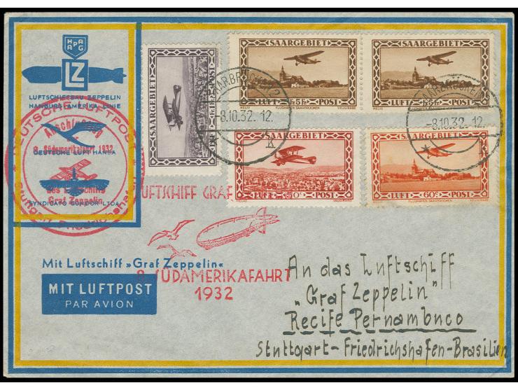 Brief Anschlußflug Stuttgart mit u.a. 2 Werten Flugpost 5 Fr. nach Pernambuco, Pracht