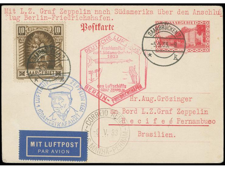 1. Südamerikafahrt, Karte Anschlußflug Berlin mit u.a. Madonna 10 Fr. nach Pernambuco, alle Stempel vorderseitig, Pracht